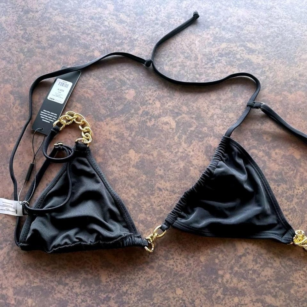 Fashion Nova Ximena Triangle Chain 2 Piece Bikini Top Black Gold Link Medium NWT